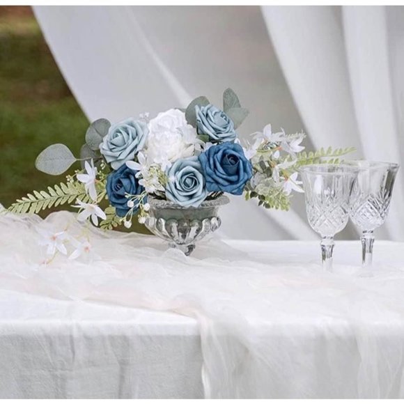 25 count | Shades of Dusty Blue Roses Artificial Flowers Wedding Bouquet Decor - Picture 3 of 3